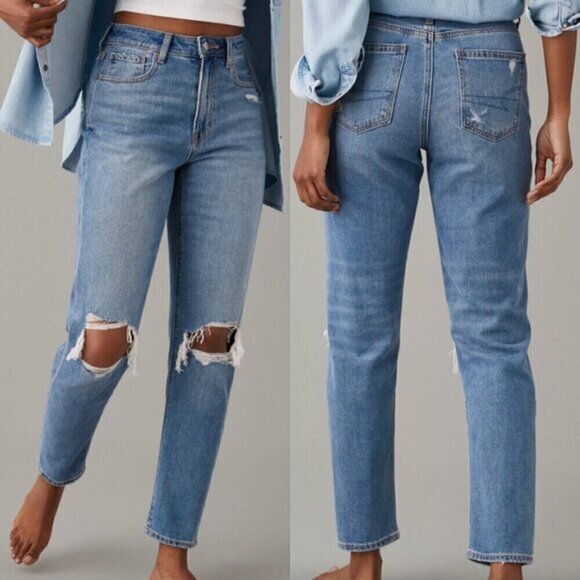 AMERICAN EAGLE AE Comfort Stretch Waistband Mom Jean Medium Wash Ripped Cropped - Picture 1 of 12